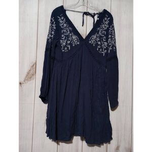 En Creme Dress Ladies Large Navy Silver Embroidered V-Neck Short Long Sleeve